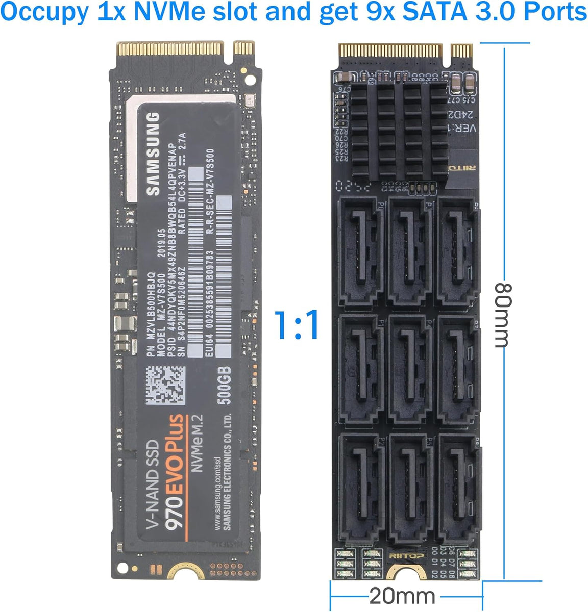 to SATA Adapter [9-Port], RIITOP NVMe to SATA III 6Gbps Card for  HDD SSD