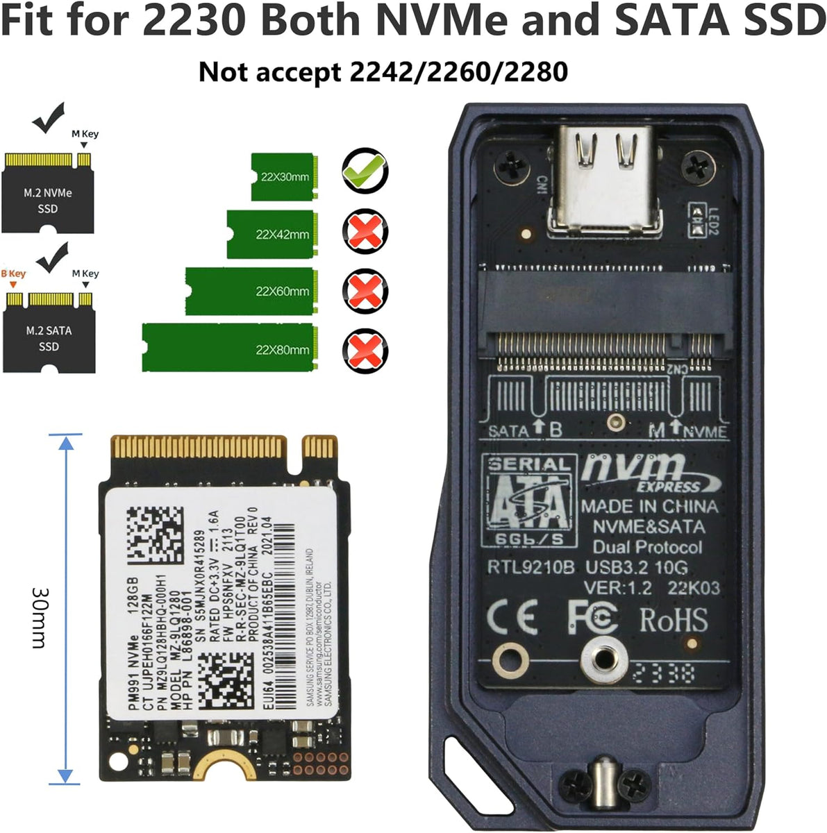 Boîtier Externe SSD NVMe M.2 Format 2230 - En Alliage Aluminium, Transfert 10 Gbps, Via USB-C Ou USB-A