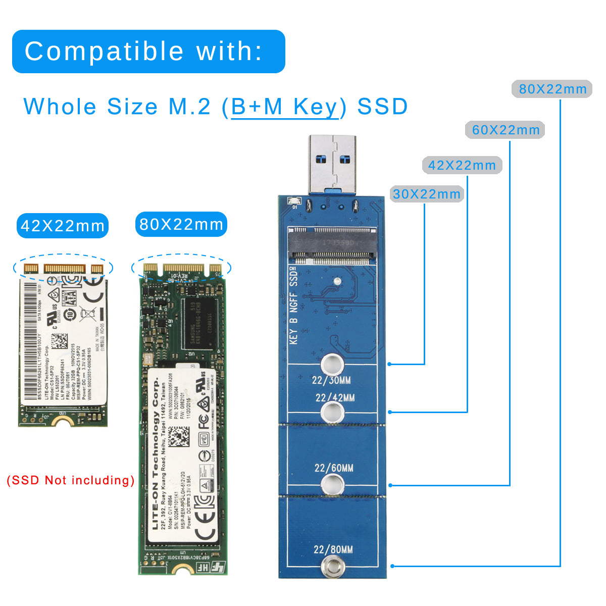 Adaptateur SSD M2 vers USB 3.0, 3 USB v1.6 Gb Riser Converter pour 2230 2242