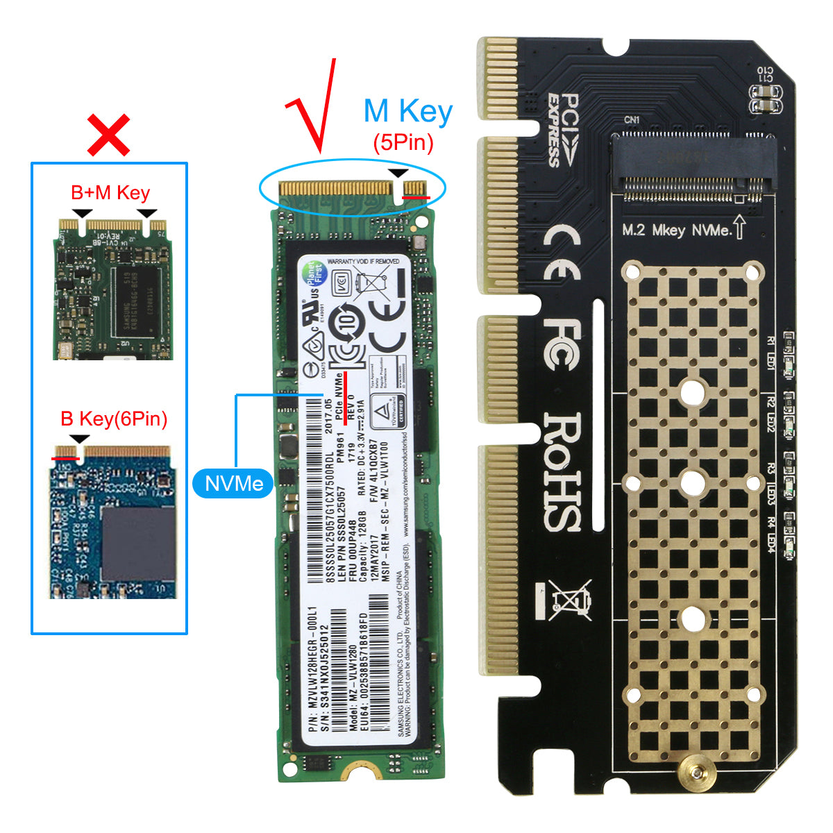 M.2 NVMe SSD to PCI-E 3.0 4x/8x/x16 Adapter Card Converter for M Key PCIe  M.2 NVMe SSD 2230/ 2242/ 2260/ 2280mm [NVME2P16XB]
