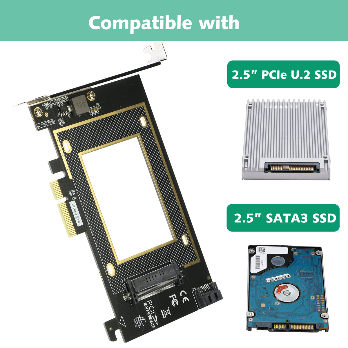 Carte contrôleur PCIe 3.0 x8 2 ports SSD U2 U3 68-pin SFF-8639 avec pont PI6C20400BLE débit 4GB