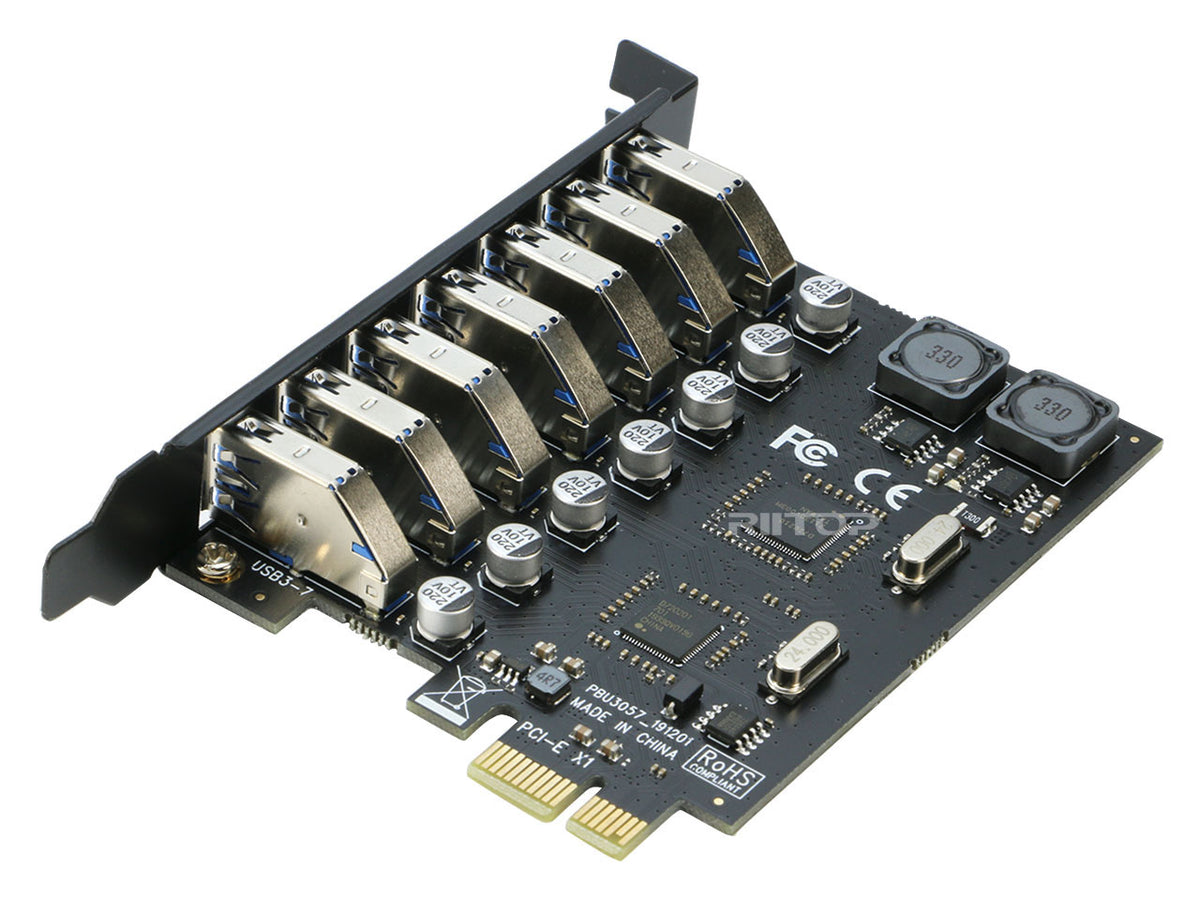 Carte PCIe Vers USB 3.2 - 7 Ports Externes, Vitesse 5 Gbps, Compatible Windows XP à 11, Alimentation Stable