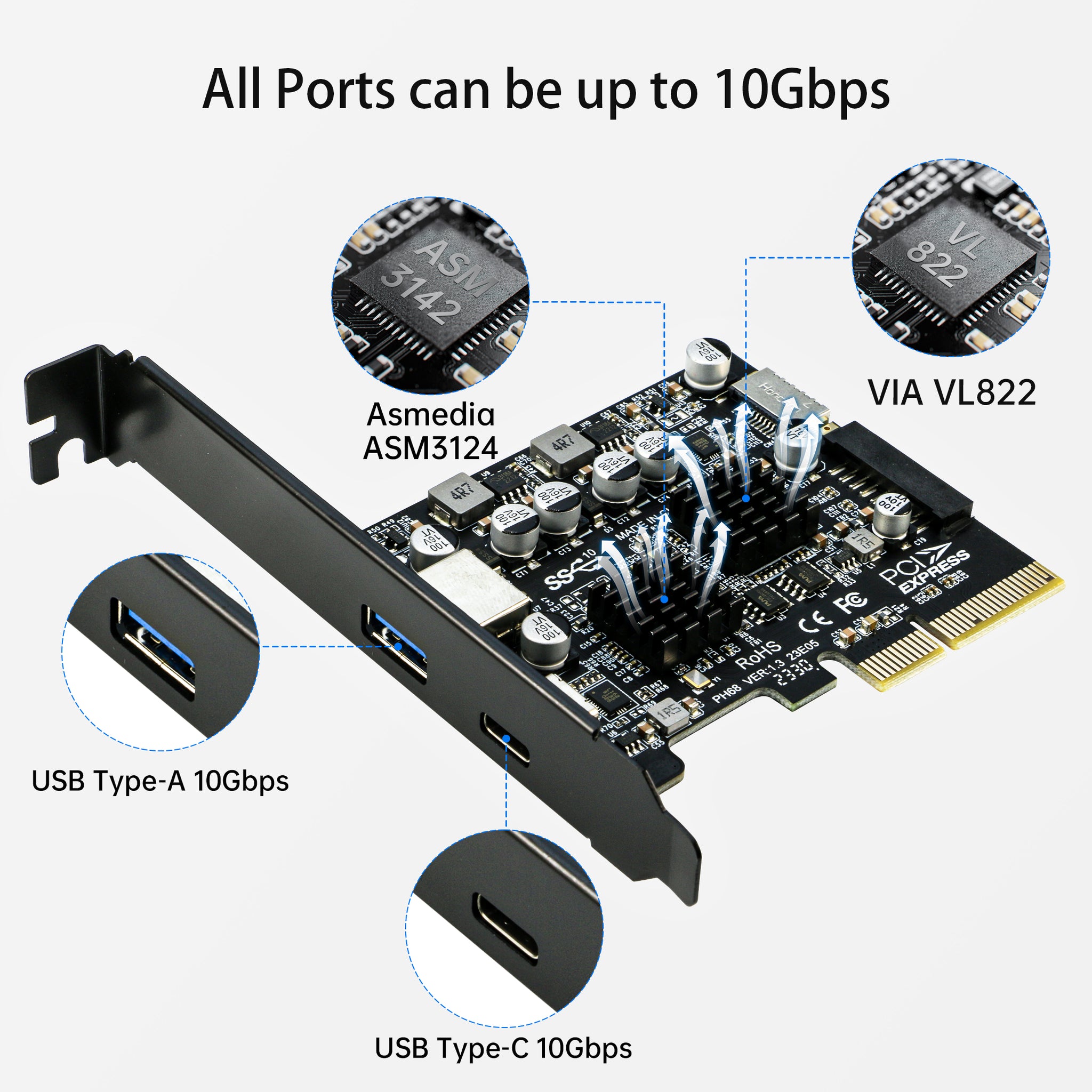 Xiwai PCI-E USB 3.1 Karte Mit Dual Type-C - 5 Gbps, ASM1042 Chip, Inkl. Low-Profile Halterung