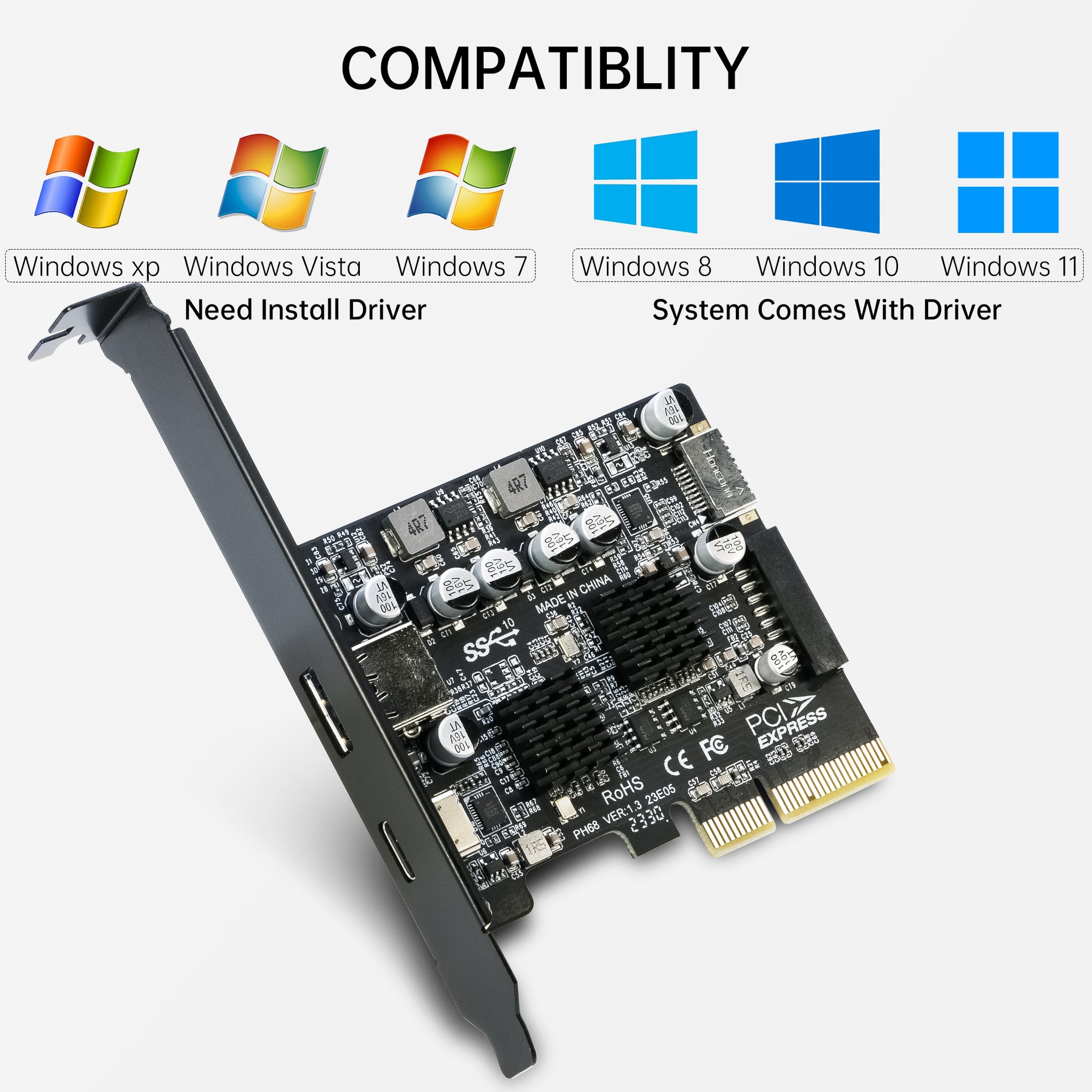 Carte USB 3.1 Type-E PCI-E Avec Double Type-C | Adaptateur ASM3142 VL822