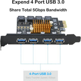 RIITOP USB 3.0 PCIe Card 4-Port PCI Express x1 to USB 3.0 Expansion Adapter Internal USB3 HUB on PC for Win 11/10 (No Additional Power Required)