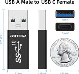 RIITOP USB A to USB C Adapter, USB C Female to USB A Male Converter [Black, 2-Pack]