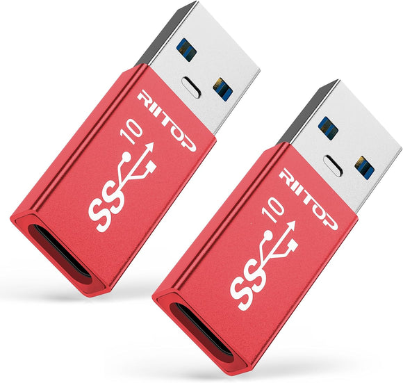 RIITOP USB A to USB C Adapter, USB C Female to USB A Male Converter Double-Side 10Gbps [Red, 2-Pack]