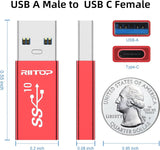 RIITOP USB A to USB C Adapter, USB C Female to USB A Male Converter Double-Side 10Gbps [Red, 2-Pack]