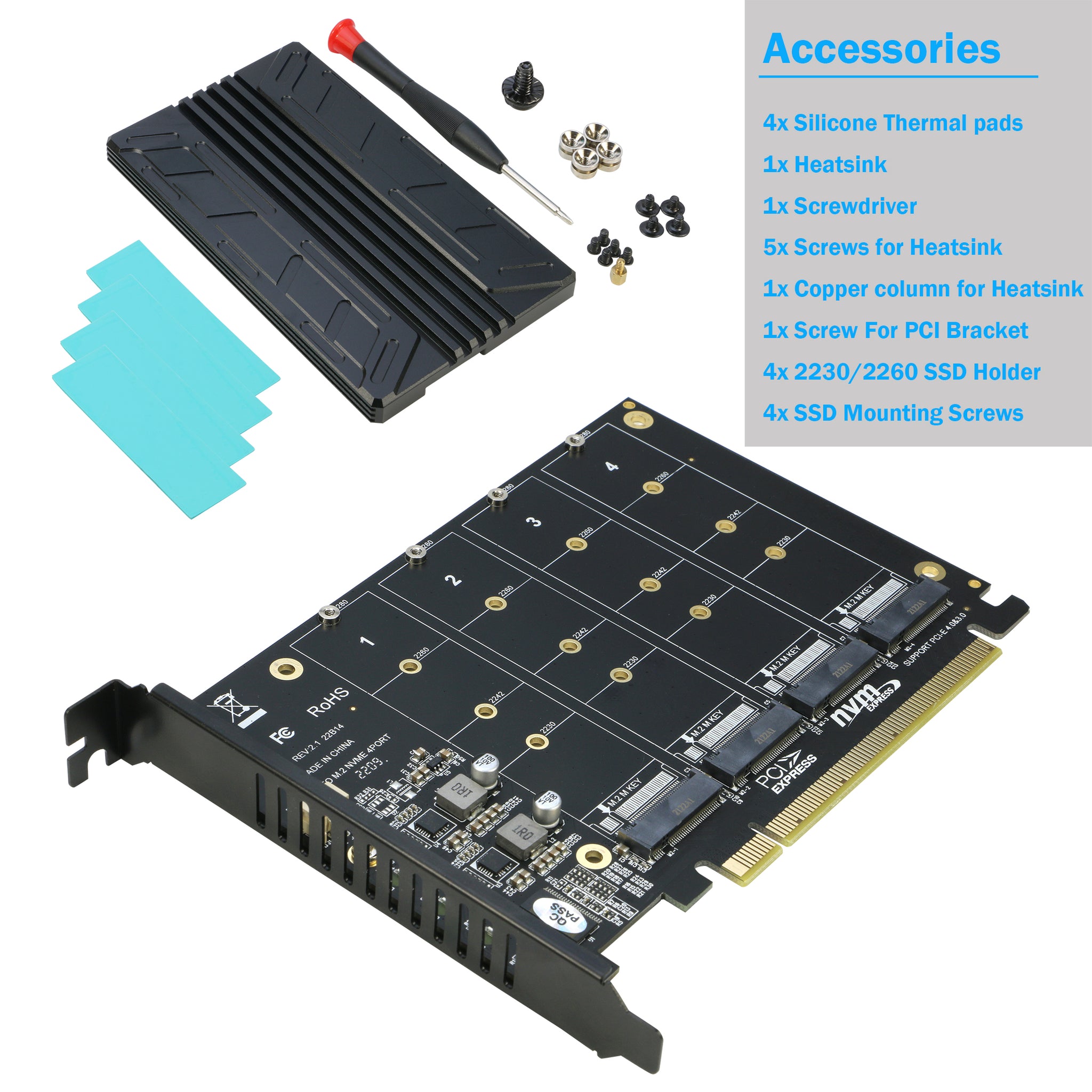 Carte D'extension PCIe 4 Ports NVMe Sarini - Support SSD M.2 2230/2242/2260/2280 - Avec Indicateurs LED