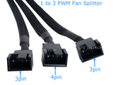 RIITOP PWM Fan Splitter Adapter Cable Sleeved Braided Y Splitter Computer PC 4 Pin Fan Extension Power Cable 1 to 3 Converter 10 inches (2 Pack)