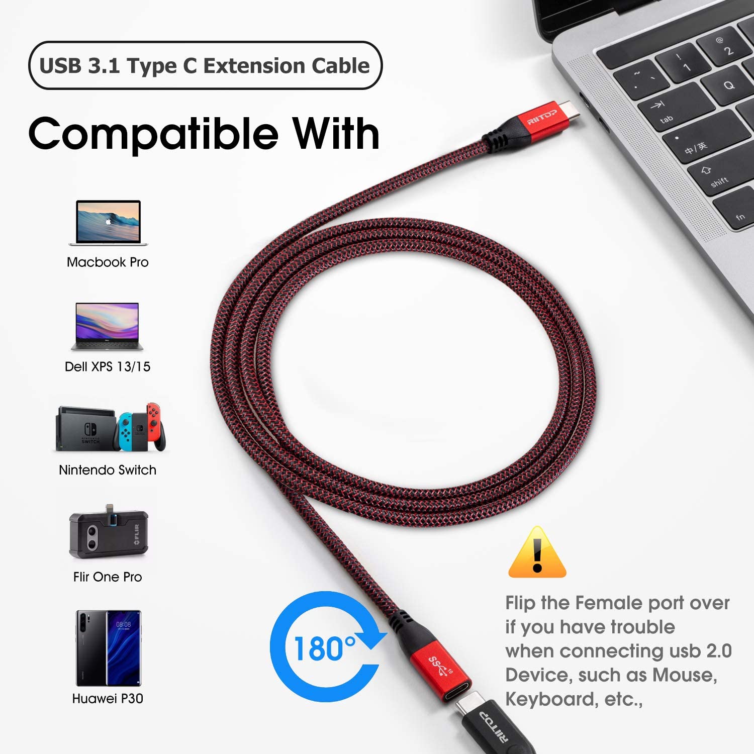 Cable De Extensión Usb C Corto (paquete De 2), Riitop Usb-c