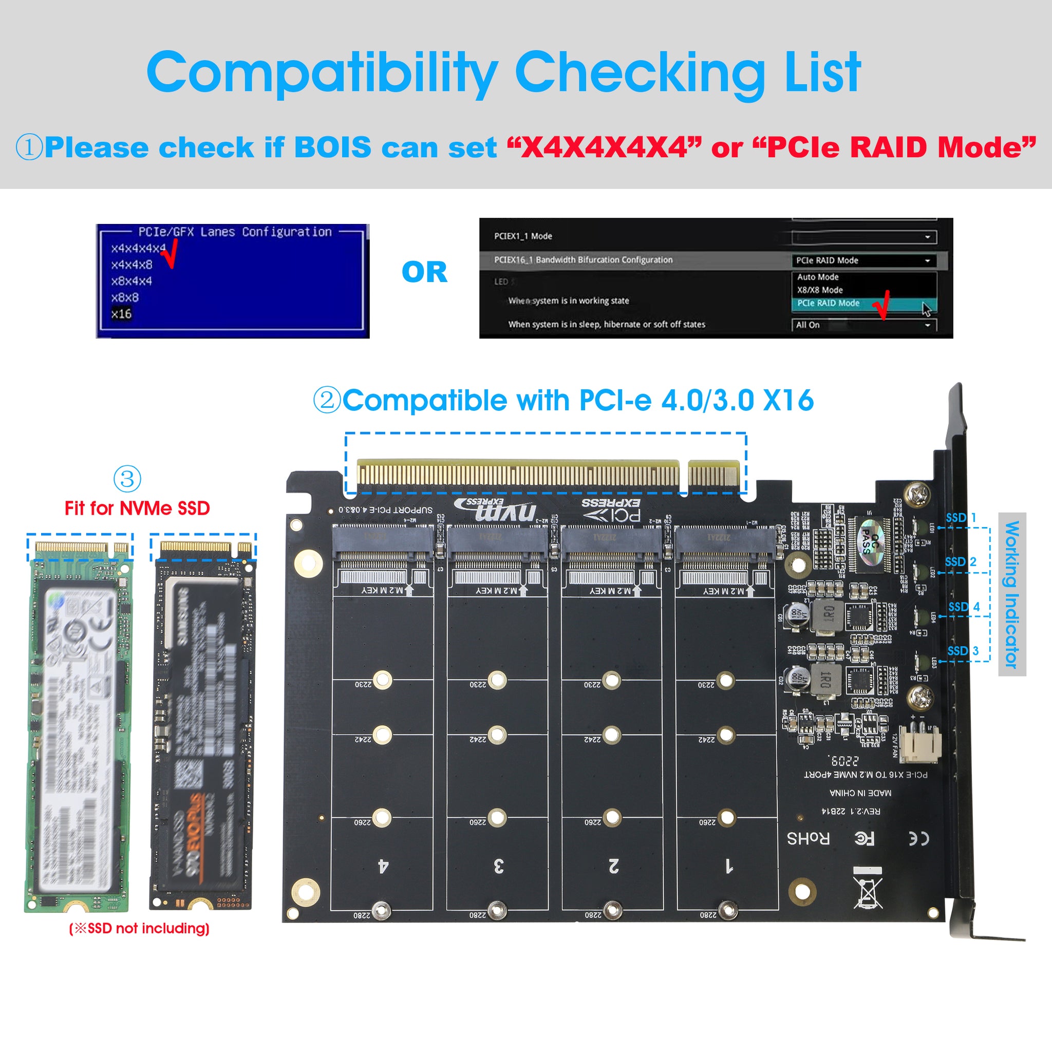 Quad NVMe PCIe Adapter, RIITOP 4 Ports M.2 NVMe SSD to PCI-e 4.0/3.0 x